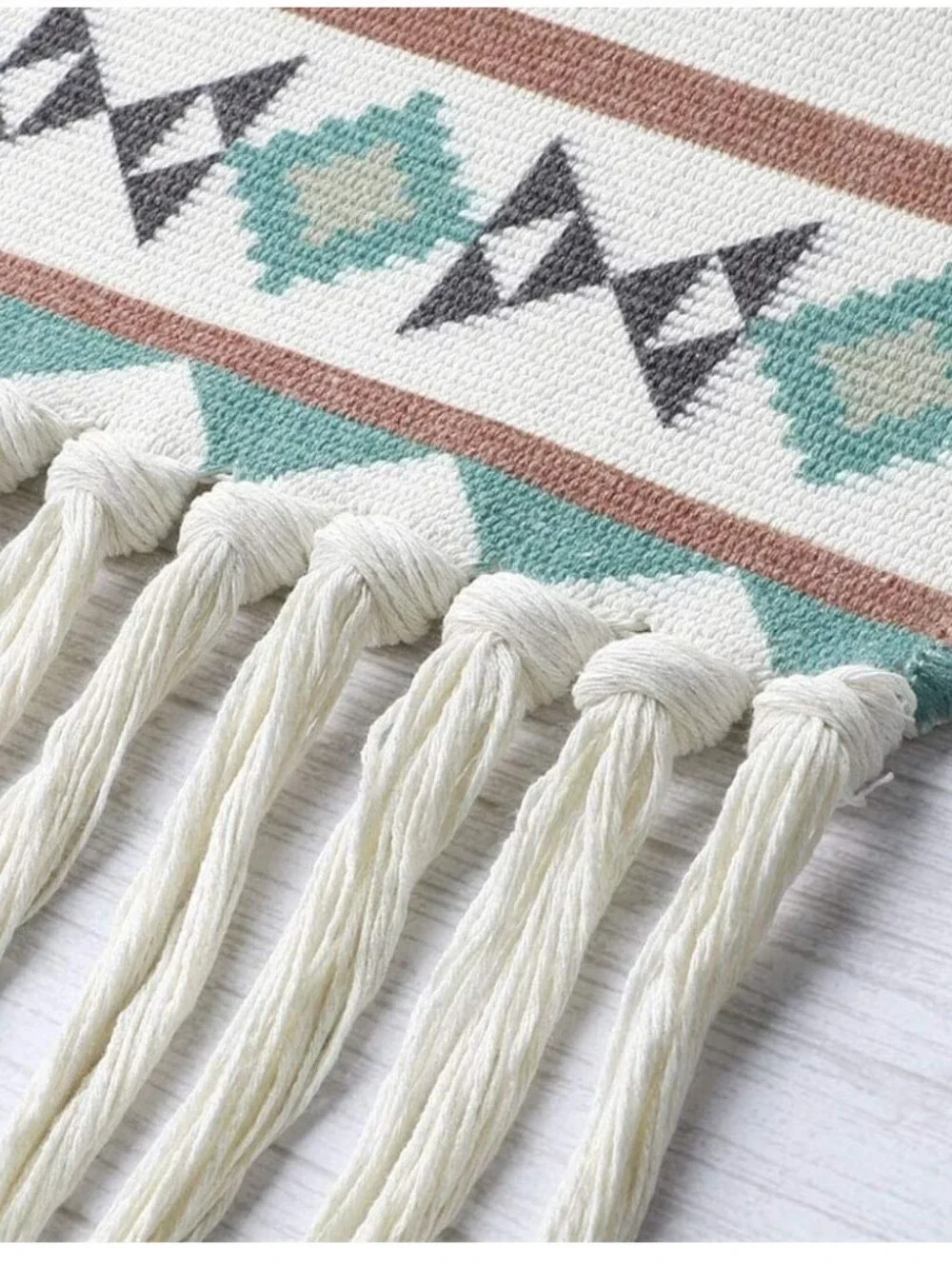 Teal and Cream Boho Geometric Wall Hanging Tapestry  33 X 19.5